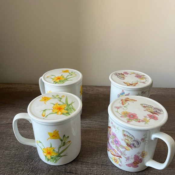 Toscany Collection Japan Butterfly & Floral Vintage Cup with lid Set of 4 - Picture 5 of 11